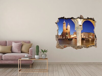 Autocollant à effet 3d trou La place du marché principal de Cracovie la nuit