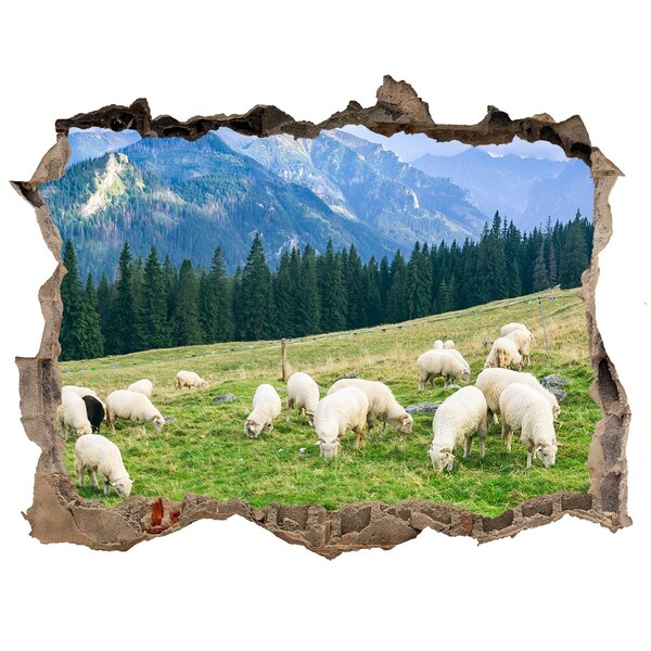 Autocollant à effet 3d trou Paysage de montagne avec des moutons