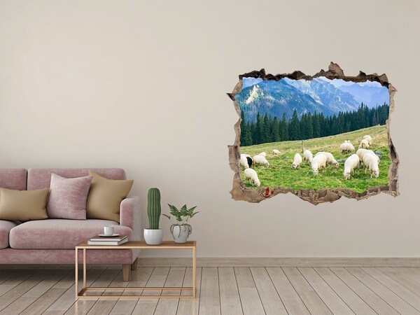 Autocollant à effet 3d trou Paysage de montagne avec des moutons