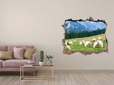 Autocollant à effet 3d trou Paysage de montagne avec des moutons