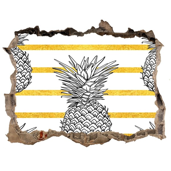 Sticker mural effet trou Ananas sur fond de rayures dorées