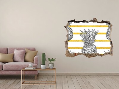 Sticker mural effet trou Ananas sur fond de rayures dorées