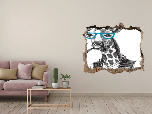 Autocollant mural trou Girafe avec lunettes et pipe