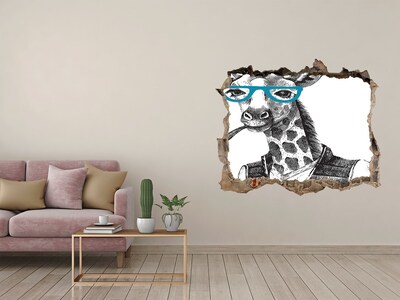Autocollant mural trou Girafe avec lunettes et pipe
