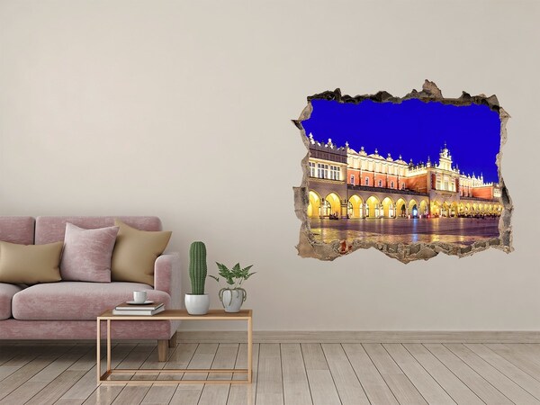 Sticker trou dans le mur La place du marché principal de Cracovie la nuit