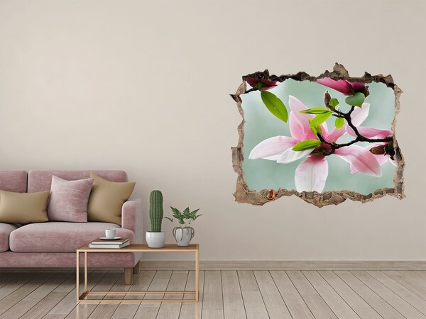 Autocollant à effet 3d trou Des fleurs de magnolia dans un mur endommagé