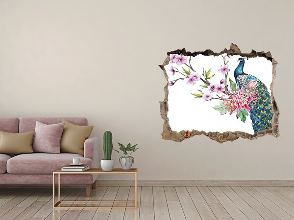 Sticker mural effet trou Paon parmi les fleurs