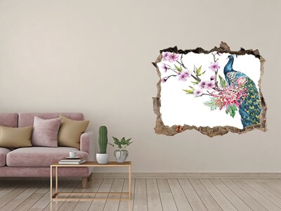 Sticker mural effet trou Paon parmi les fleurs