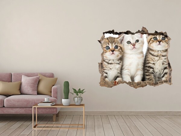Autocollant à effet 3d trou Le trio de chats derrière le trou dans le mur