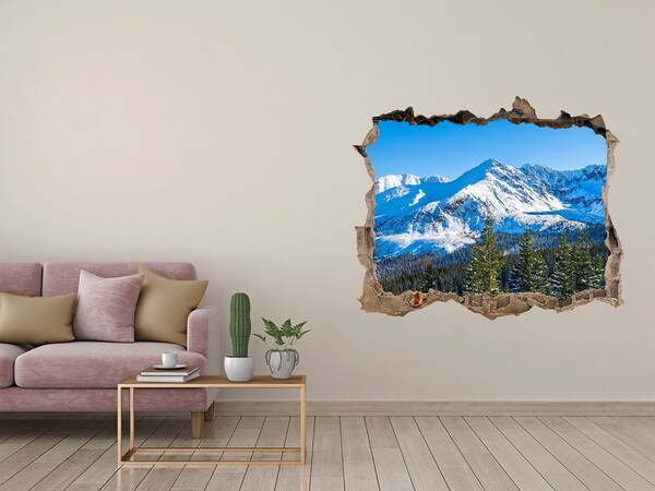 Sticker mural effet trou paysage de montagne hivernal