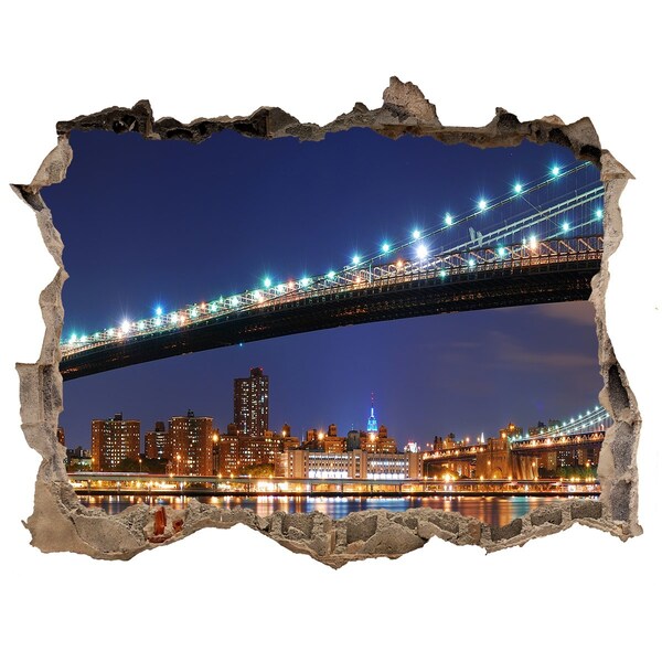 Sticker mural effet trou Le pont de Brooklyn la nuit