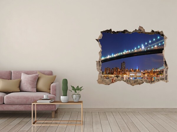 Sticker mural effet trou Le pont de Brooklyn la nuit