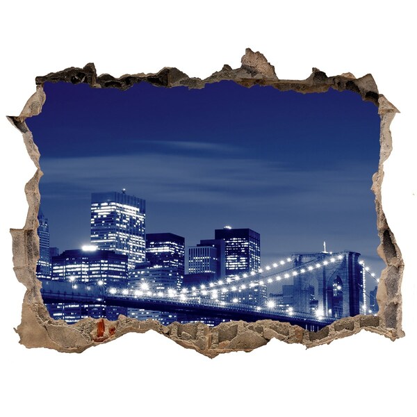 Sticker mural effet trou Le pont de Brooklyn la nuit