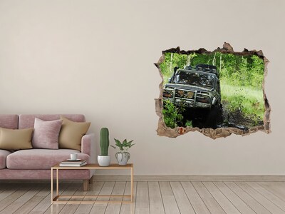 Sticker mural effet trou Jeep dans la forêt pierre