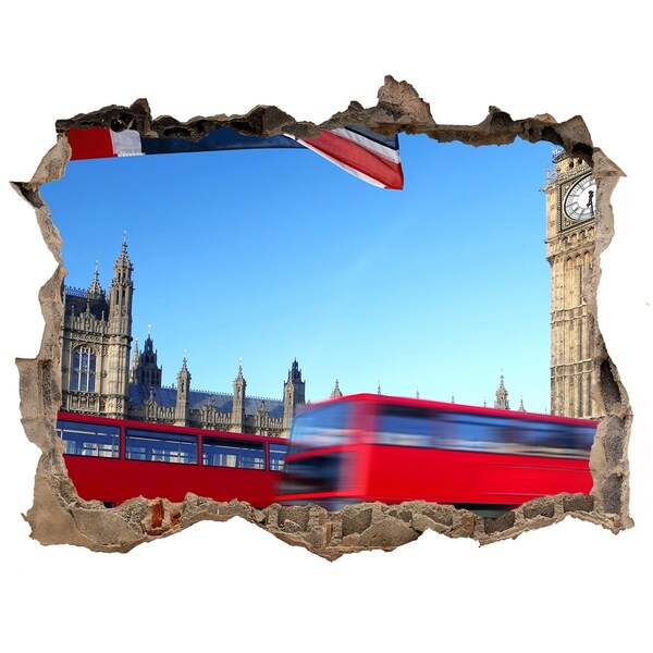 Autocollant à effet 3d trou L'horizon londonien avec un bus rouge