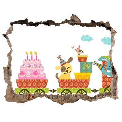 Sticker mural effet trou Train rempli de cadeaux et de gâteau d'anniversaire