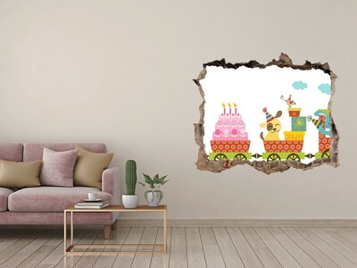 Sticker mural effet trou Train rempli de cadeaux et de gâteau d'anniversaire
