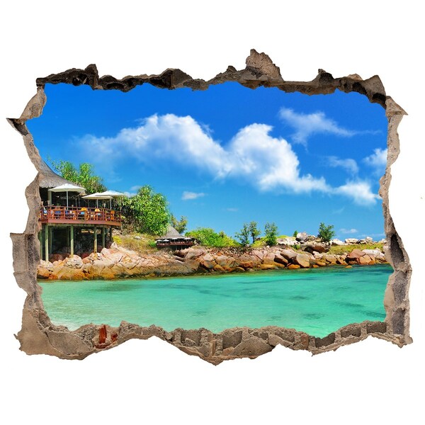 Sticker mural effet trou Plage de Seychelles pierre
