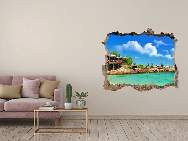Sticker mural effet trou Plage de Seychelles pierre