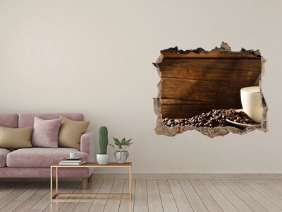 Sticker mural effet trou Café et grains de café sur fond de bois