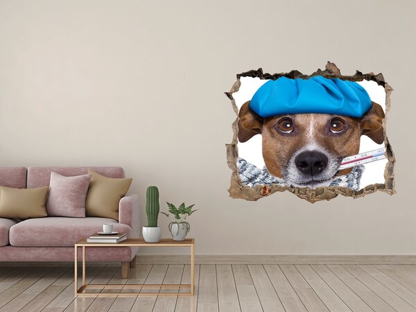 Sticker trou dans le mur Chien malade avec un chapeau