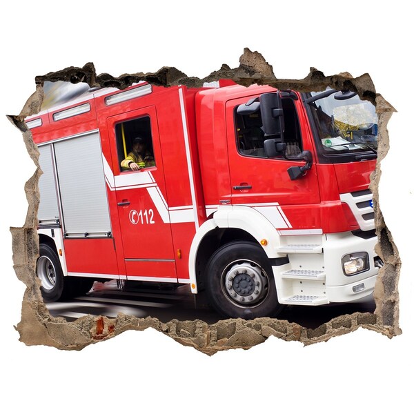 Sticker mural effet trou Camion de pompiers en action
