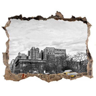 Sticker mural effet trou Les taxis de New York dans le paysage urbain