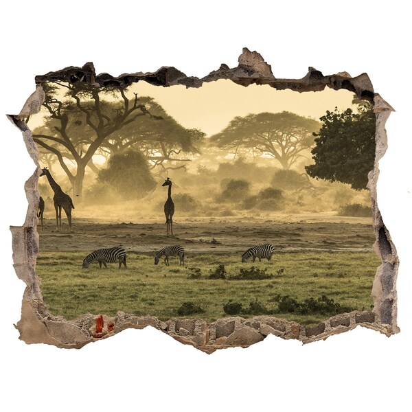 Sticker mural effet trou Savane africaine avec des girafes et des zèbres