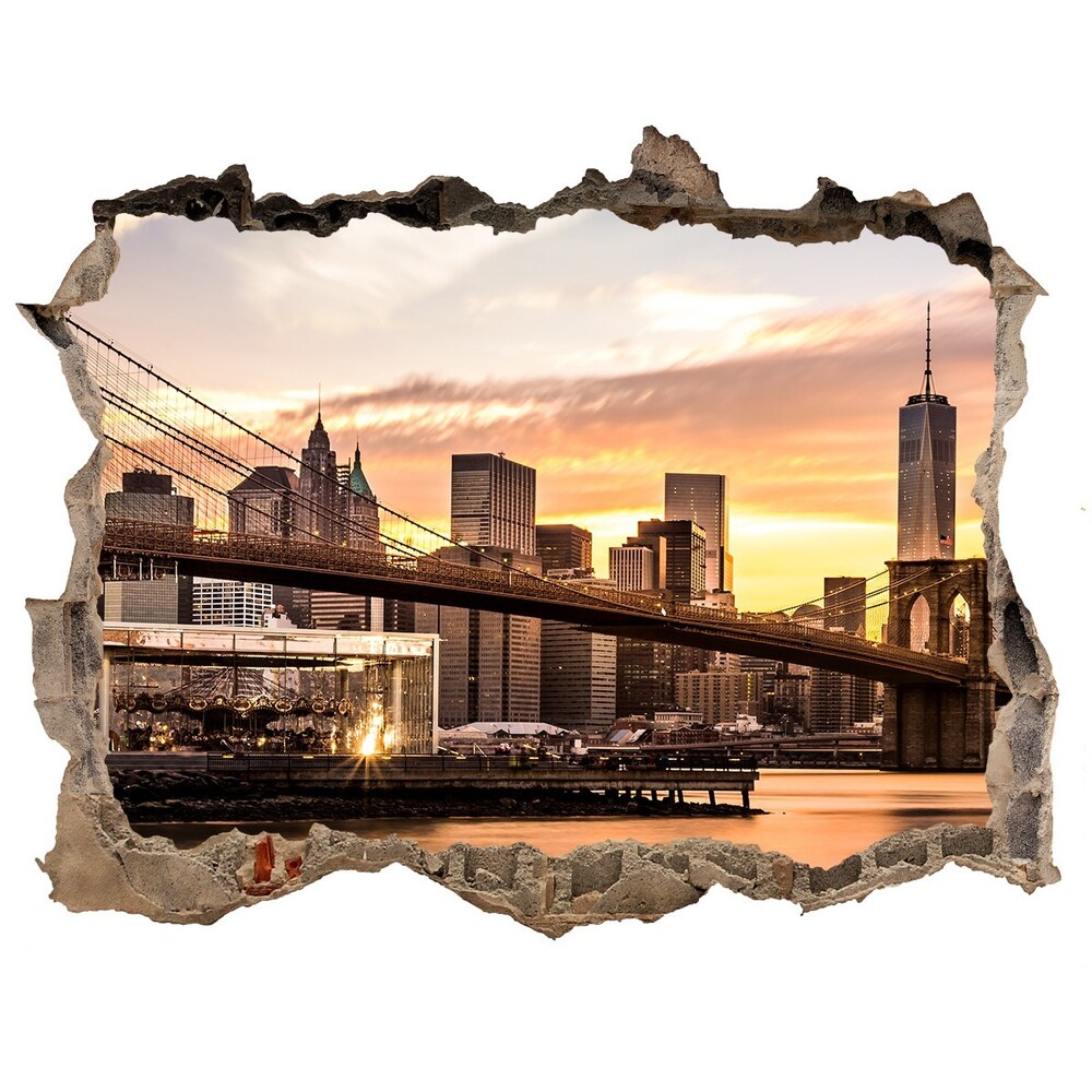 Sticker mural effet trou Pont de Brooklyn nuages pierre