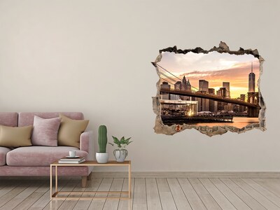 Sticker mural effet trou Pont de Brooklyn nuages pierre