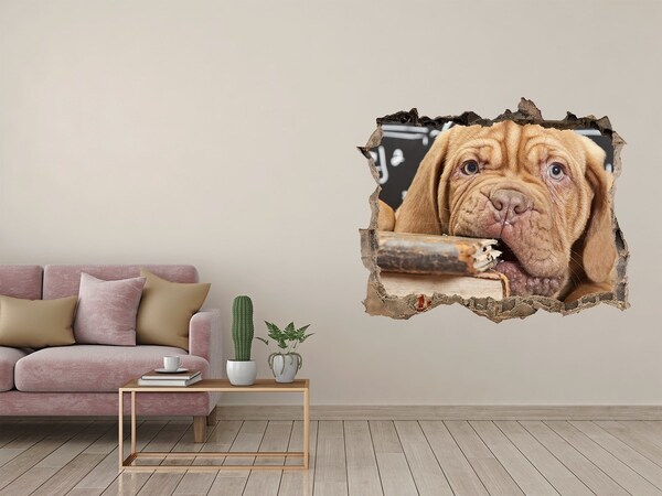 Autocollant à effet 3d trou Un adorable chiot parmi les livres