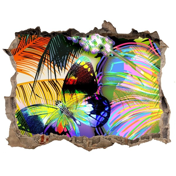 Sticker mural effet trou Un papillon coloré dans un trou dans le mur