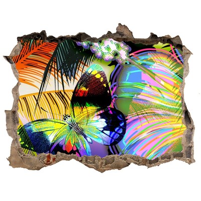 Sticker mural effet trou Un papillon coloré dans un trou dans le mur