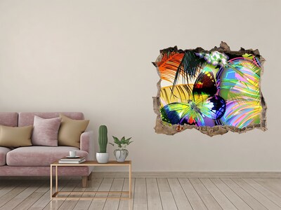 Sticker mural effet trou Fleurs et papillon pierre