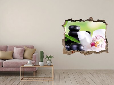 Sticker mural effet trou Orchidée pierres zen feuilles pierre