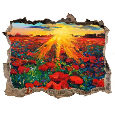 Sticker mural effet trou prairie fleurie au soleil