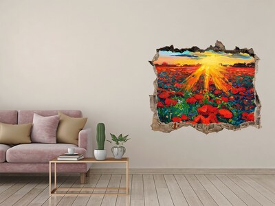 Sticker mural effet trou prairie fleurie au soleil