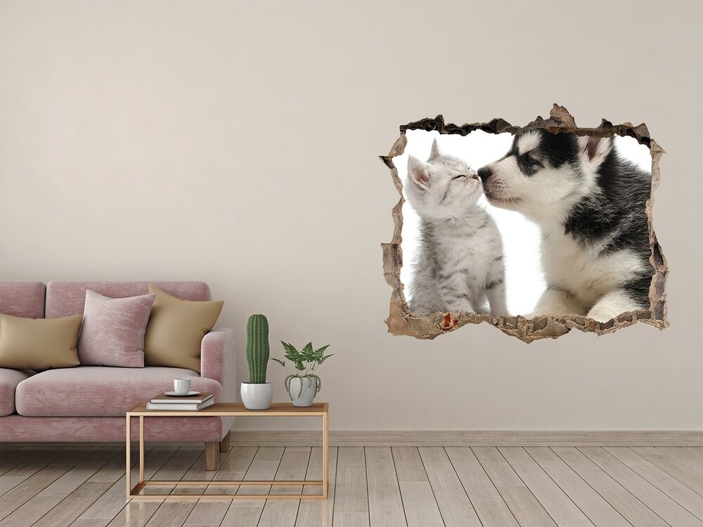 Sticker mural effet trou Chien et chat pierre