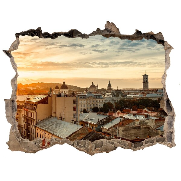 Autocollant à effet 3d trou Coucher de soleil sur la ville