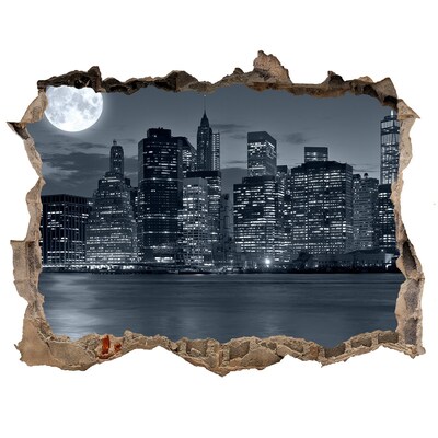 Sticker mural effet trou New York la nuit lune pierre