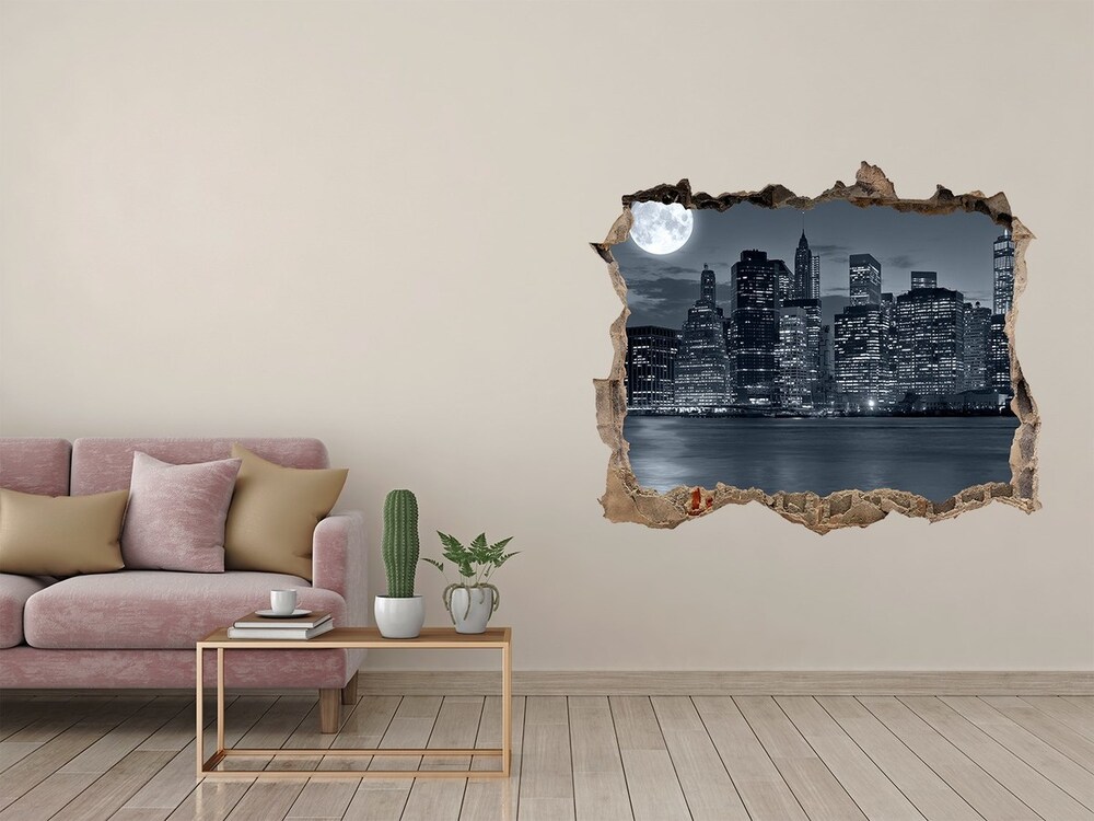 Sticker mural effet trou New York la nuit lune pierre