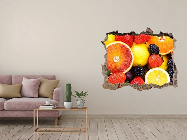 Sticker mural effet trou Explosion de fruits derrière le mur