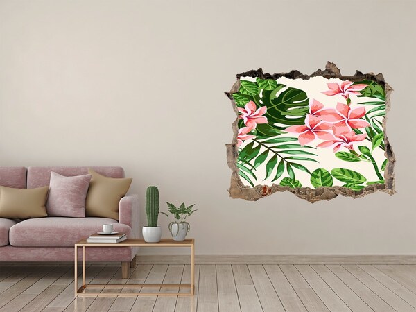 Sticker mural effet trou jardin de fleurs tropicales