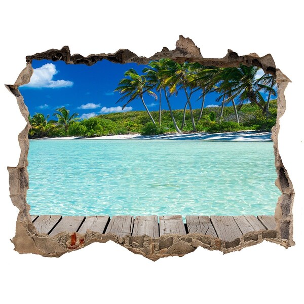 Sticker mural effet trou oasis tropicale en bord de mer