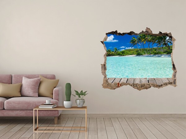 Sticker mural effet trou oasis tropicale en bord de mer