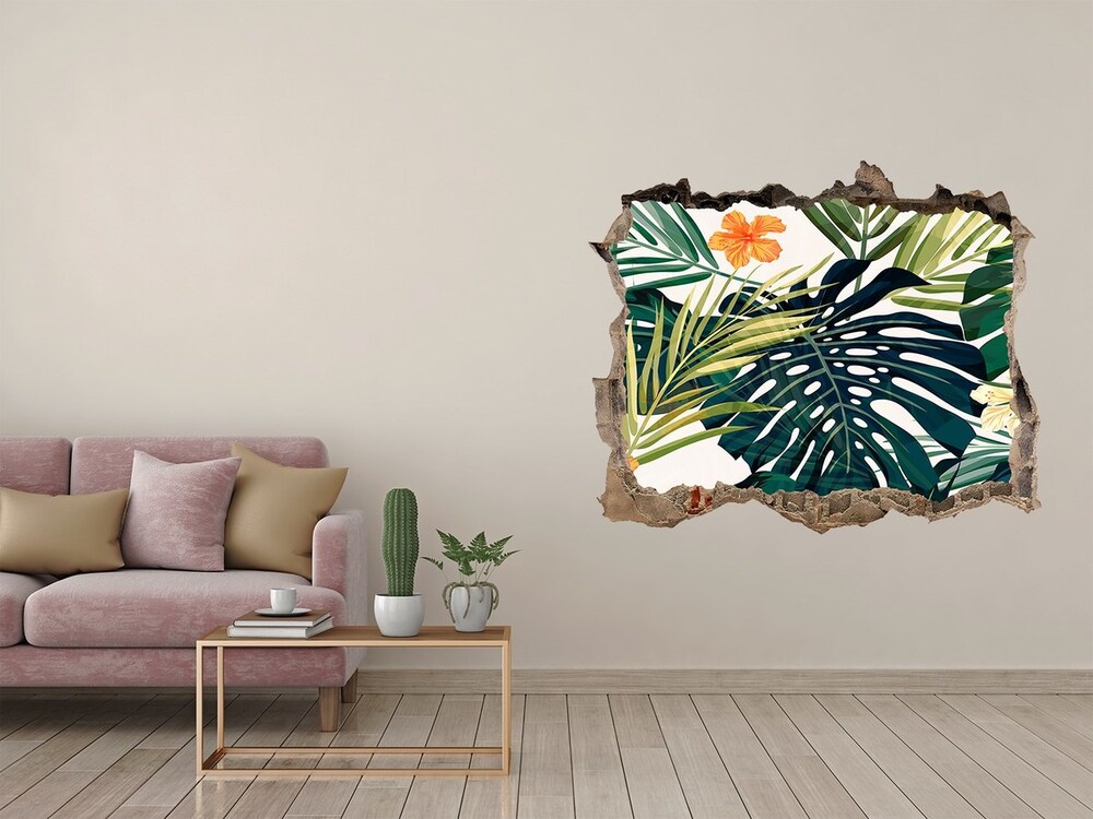 Sticker mural effet trou Feuilles tropicales fleurs pierre