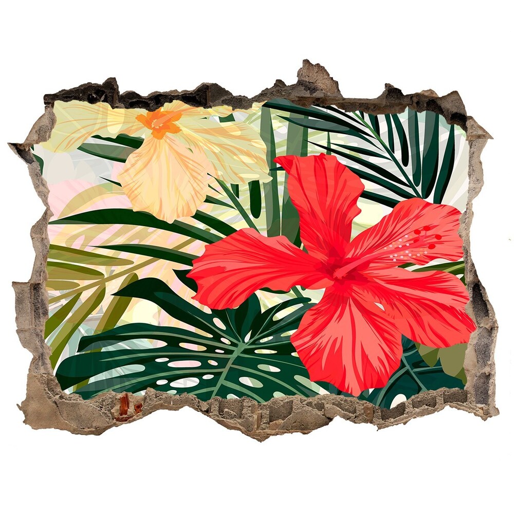 Sticker mural effet trou Fleurs hawaïennes feuilles de monstera pierre