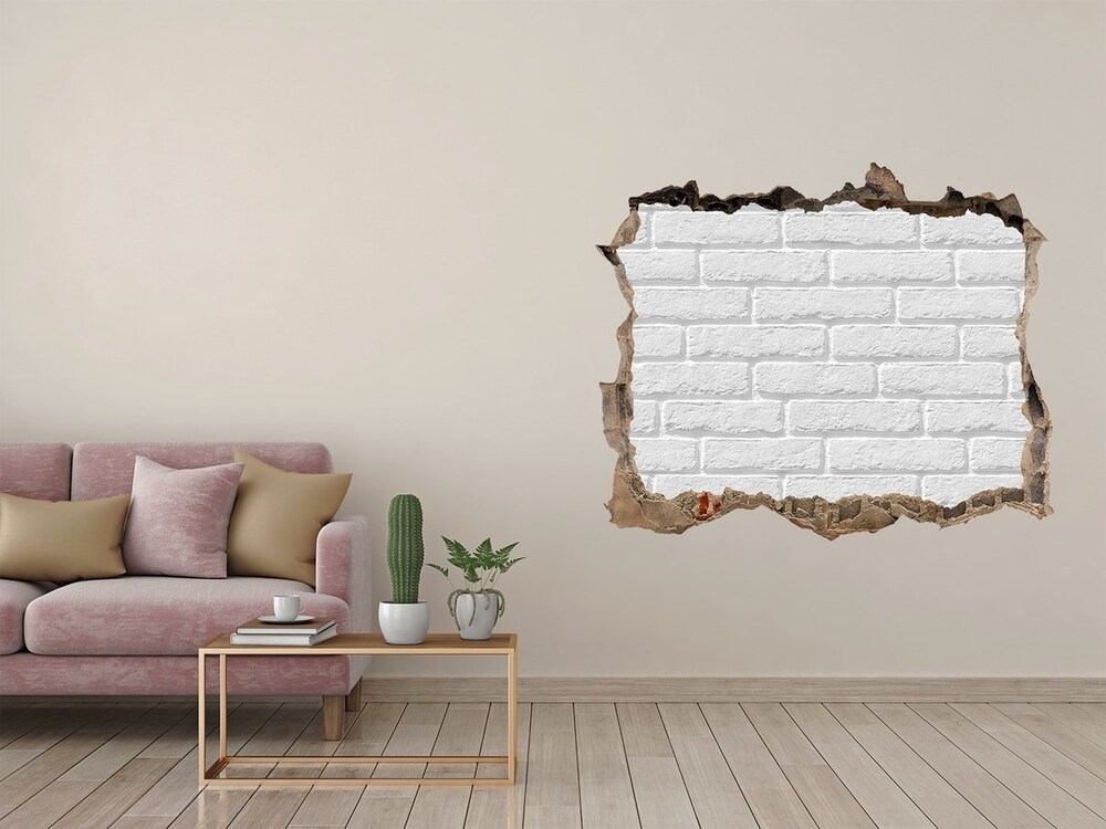 Sticker mural effet trou Mur de briques blanches pierre