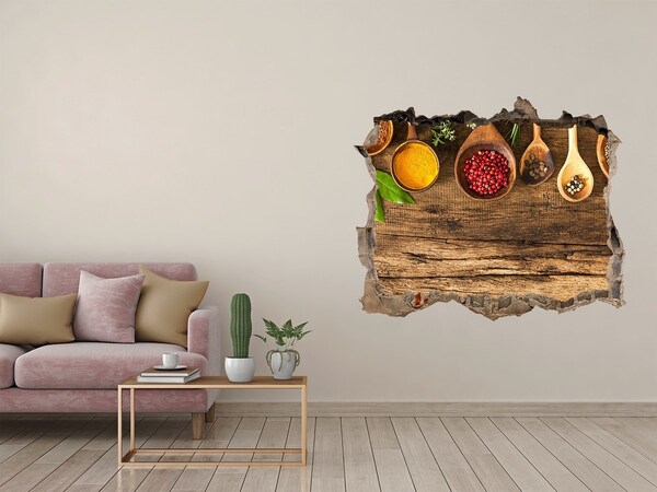 Sticker trou dans le mur Épices de cuisine sur un comptoir en bois