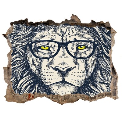 Sticker mural effet trou Lion avec des lunettes